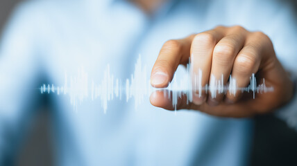 Hand interacting with a digital sound wave.  The image evokes a sense of technological advancement and audio processing.