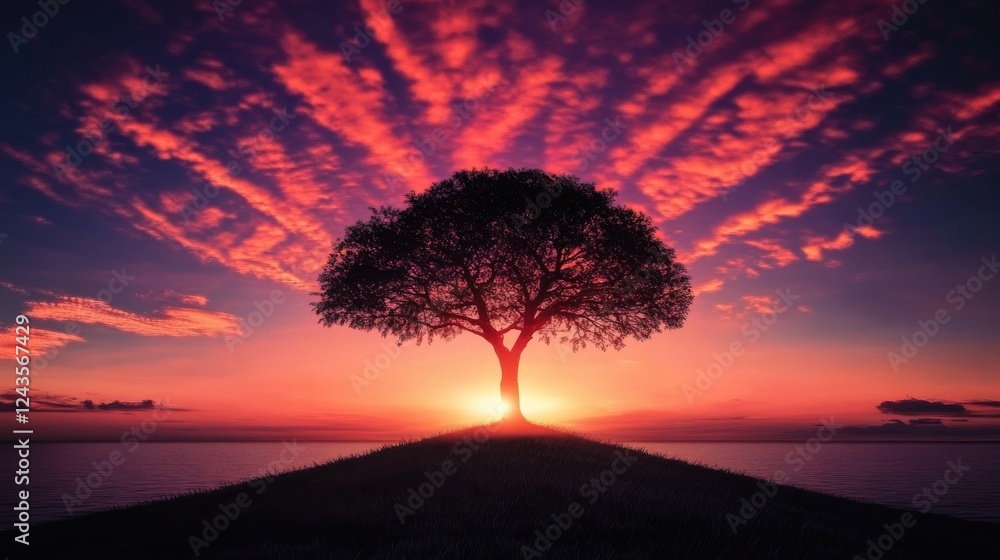 Poster lone tree on a hill illuminated by vibrant sunset with colorful clouds in the sky