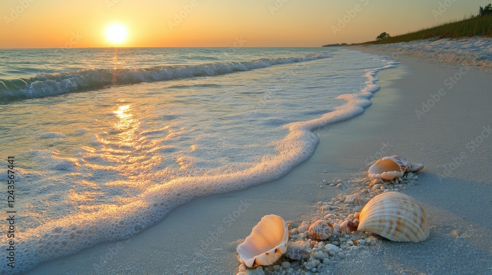 Poster serene dawn at a tranquil beach with gentle waves and seashells scattered along the shore
