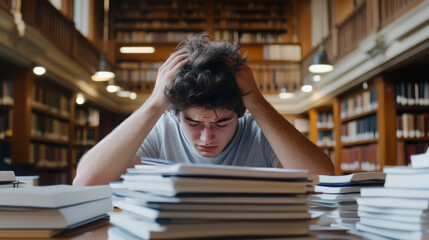 Stressed student in library studying for exams with books and papers
