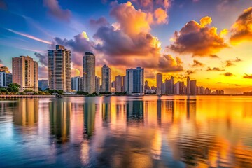 Fototapeta premium Minimalist Miami Waterfront Panorama: Sun-Kissed Skyline & Ocean