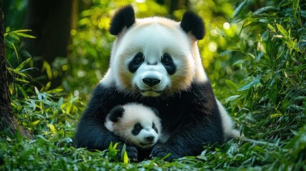 Obraz premium A mother panda and her cub resting among lush green bamboo in a serene forest, showcasing their bond in nature