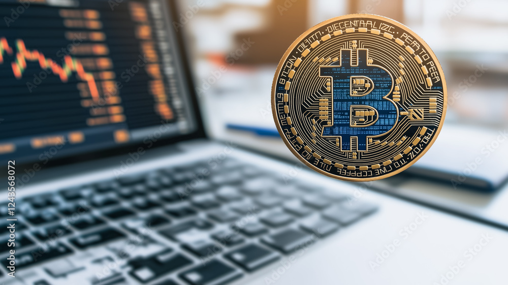 Poster bitcoin cryptocurrency coin hovering over a laptop displaying a negative stock chart