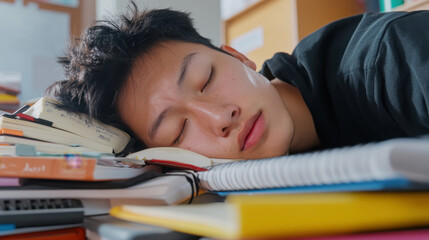 Exhausted student sleeping amid books in study room during exam period