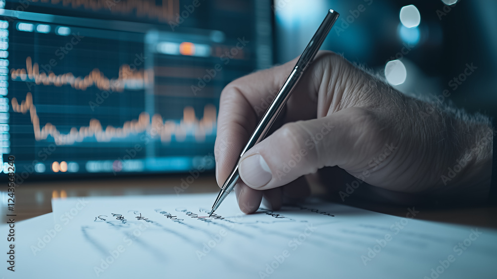 Poster close-up of a hand signing a document, with a stock market graph displayed on a computer screen in t
