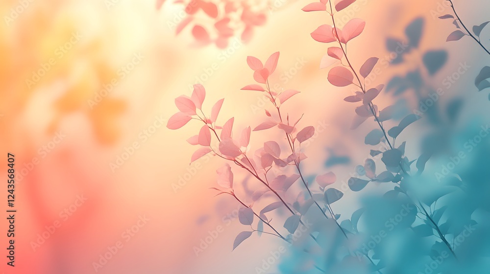 Poster delicate and intricate botanical leaves in a vibrant array of natural colors set against a soft blur