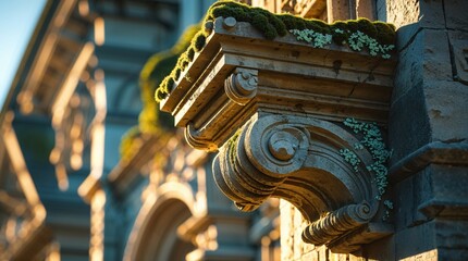 Fototapeta premium Intricate stone detail of an old building, adorned with moss and small plants, bathed in the warm glow of sunlight. The architectural element showcases the building's age and beauty.