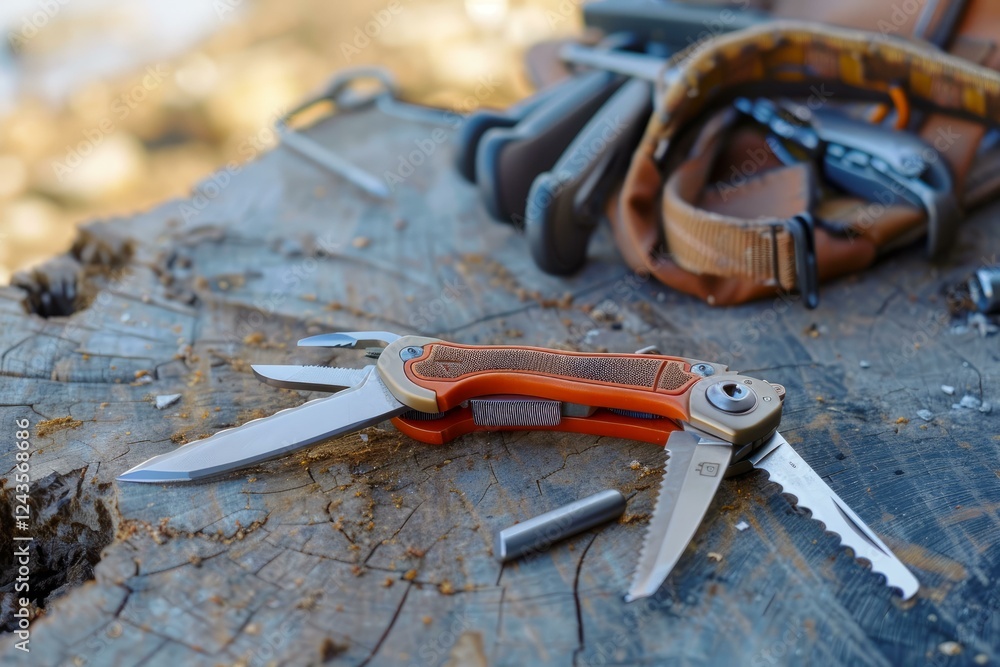Poster orange multitool knife partially open displaying various blades and tools, placed on a weathered woo