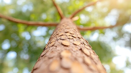 Close-up view of a tall tree trunk stretching towards sunlight with blurred green foliage background