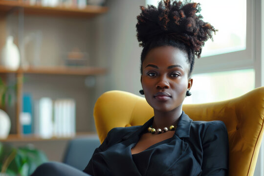 close up horizontal portrait image of a young and elegant black businesswoman