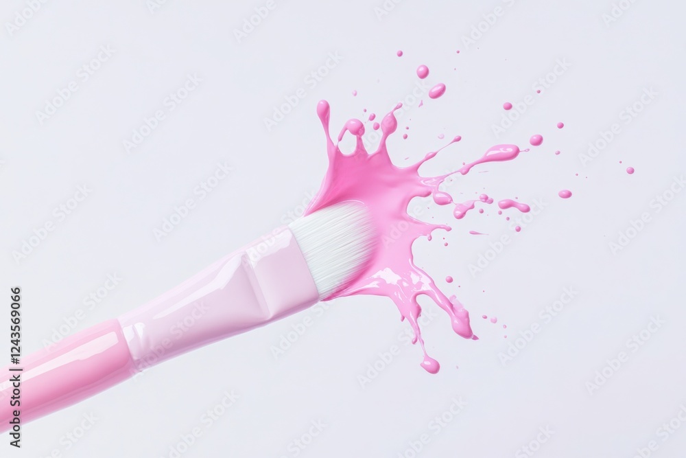 Poster pink paint splashing from a brush on a white background, creating a dynamic and artistic scene