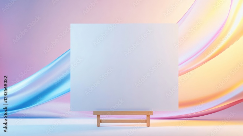 Poster blank canvas rests on a wooden easel against a backdrop of vibrant, flowing abstract shapes, creatin