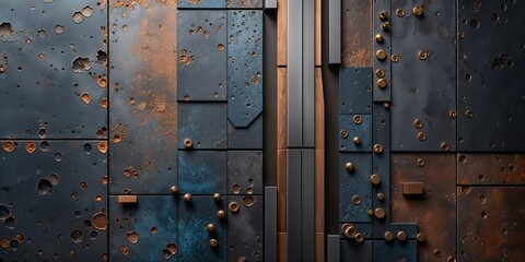 Geometric Metallic Tile Background with Rust Spots and Bronze Stud Accents Modern Industrial