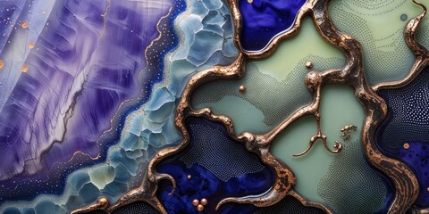 Purple and Blue Abstract Fluid Art with Metallic Branch Accents Detailed Elegant Design