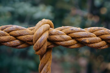 Fototapeta premium Close up of a secure knot joining two sections of a thick rope, providing a stable connection