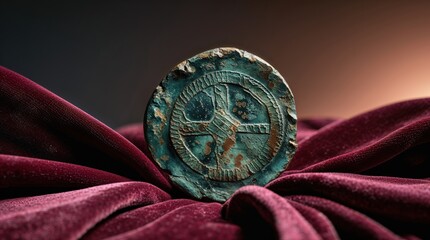 Ancient artifact with a cross-shaped design rests on a rich maroon velvet cloth. The patina of age gives it a mysterious allure.