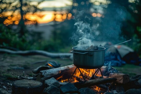 Metal pot steaming over a campfire at sunset, cooking a meal in the wilderness