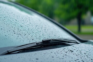 Raindrops on a car windshield during a downpour, wiper blade visible, green background blur.