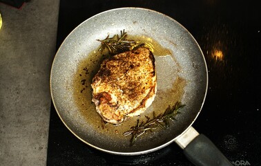 Fried chicken fillet. Golden crust texture. Rosemary herb detail. Hot metal skillet.
