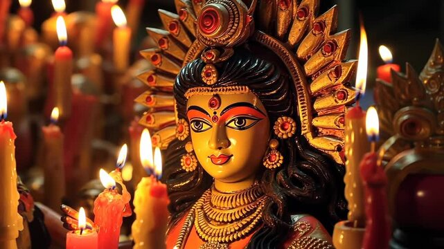 Durga Puja Idol with candles Hindu Hinduism navratri dussehra  bijoya dashami 