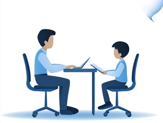 Collaborative synergy two individuals working together at table with laptop