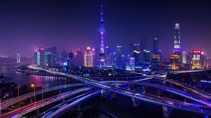Fototapeta premium Vibrant night highway with light trails stretching towards the illuminated city skyline. The mesmerizing view of a busy thoroughfare at night, where the streaks of light from vehicles create a beautif