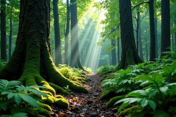 Obraz premium Veiled forest floor amidst towering trees and ferns, moss, tree trunks