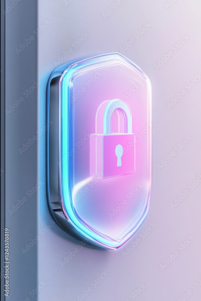 Aufkleber glowing holographic shield displaying a padlock icon, symbolizing digital security, data protection,