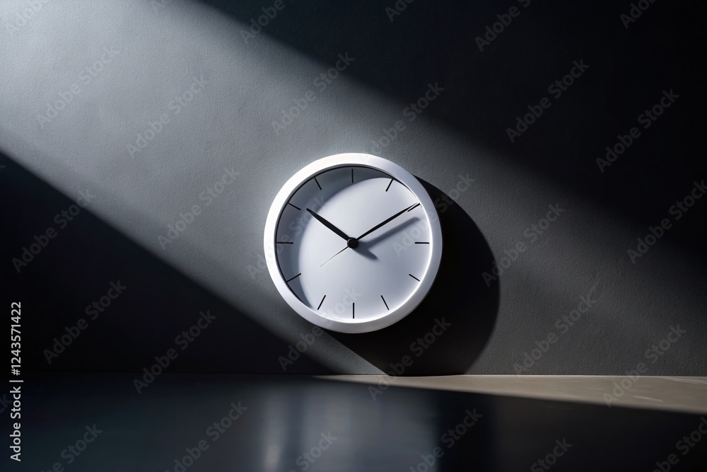 Poster minimalist white round clock timer with shadow on dark background - stock photo