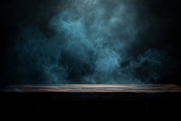 Dark smoky studio, wooden table, product display, backdrop