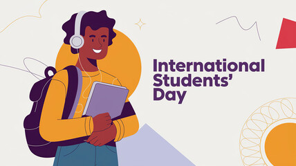 International Students’ Day lettering modern greeting poster. Student man with headphones, backpack and tablet, generative ai