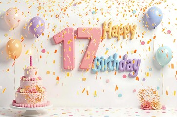 Animated 3D Happy 17th Birthday background video in pastel theme with floating balloons, lit candles, fireworks, and confetti shower