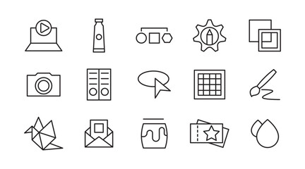 Art line icon set. Books, preschool, child, kindergarten, kid, cognitive, learn, various painting, tools, paint, creativity, graphic design, art line icon set. UI thin line icon pack.