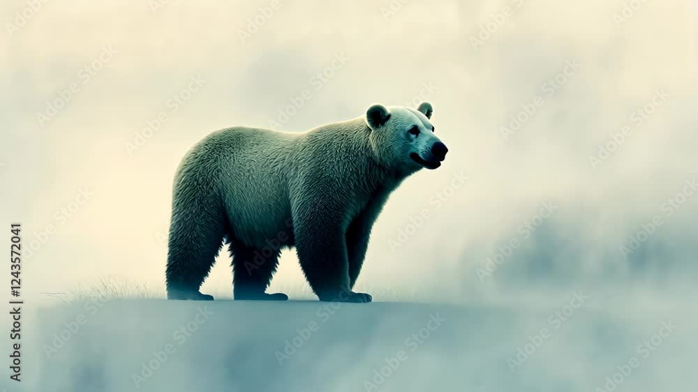 Poster polar bear standing on ice in minimal arctic backdrop with soft focus and ambient light highlighting