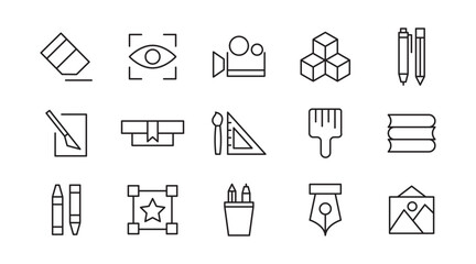 Art line icon set. Books, preschool, child, kindergarten, kid, cognitive, learn, various painting, tools, paint, creativity, graphic design, art line icon set. UI thin line icon pack.