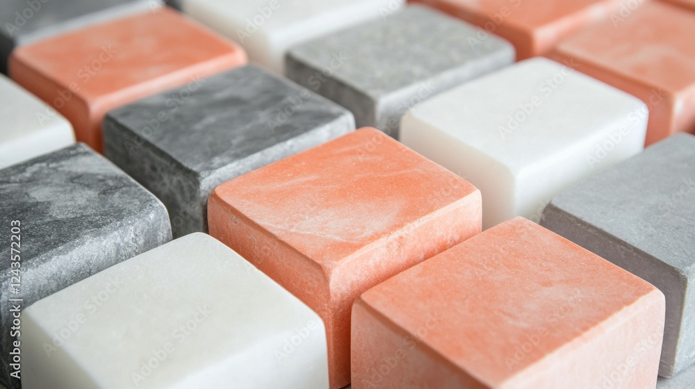 Poster Elegant coral and gray blocks dissolve in a serene arrangement on a smooth surface
