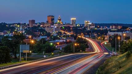 Obraz premium Vibrant night highway with light trails stretching towards the illuminated city skyline. The mesmerizing view of a busy thoroughfare at night, where the streaks of light from vehicles create a beautif