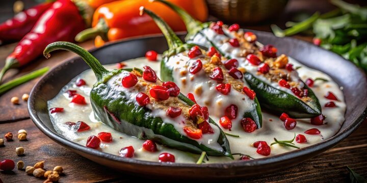 Image of a vibrant close-up of chiles en nogada on a dark blurred backdrop with intricate details and textures, poblano, meat