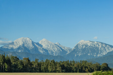 Mountain landscape on the trek Via Alpina in the Julian Alps in Slovenia.