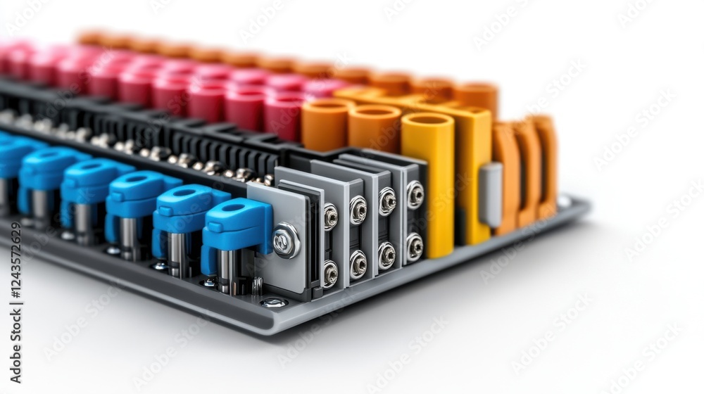 Poster detailed close-up of electrical terminal blocks with colorful insulation and components for wiring a