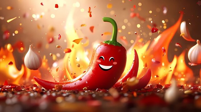 A vibrant 3D cartoon-style background for National Chili Day, featuring a giant red chili pepper with a happy face, surrounded by flames and floating spices like garlic, onions, and cumin