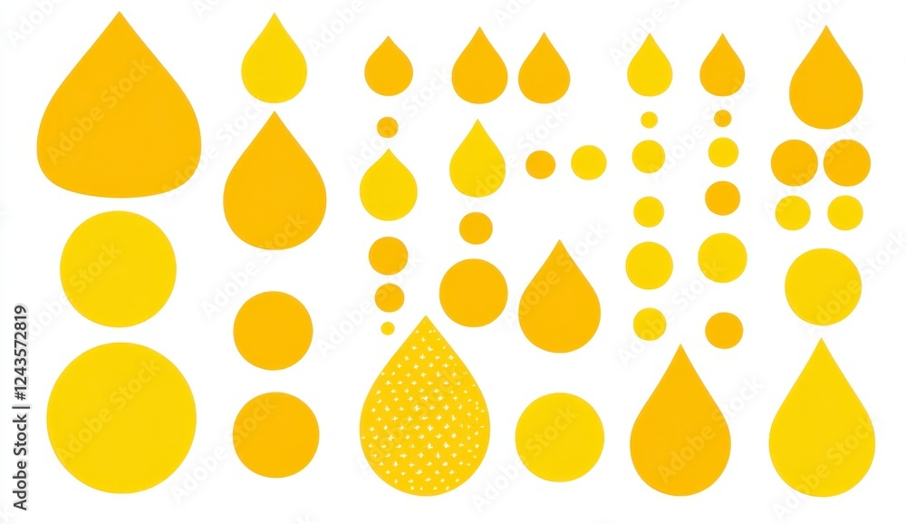 Poster abstract image with yellow circles and various sized droplets on a white background. simple, graphic