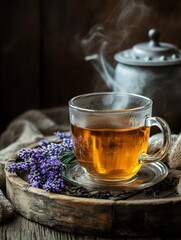 Steaming herbal tea in a glass cup with lavender on a rustic wooden surface