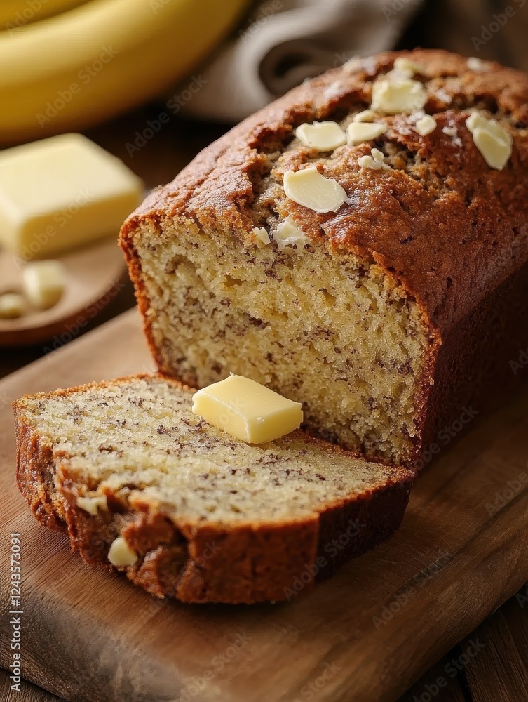 Poster freshly baked loaf of banana bread with a slice topped with butter and nuts on a wooden cutting boar