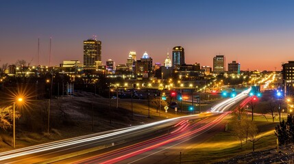 Fototapeta premium Vibrant night highway with light trails stretching towards the illuminated city skyline. The mesmerizing view of a busy thoroughfare at night, where the streaks of light from vehicles create a beautif