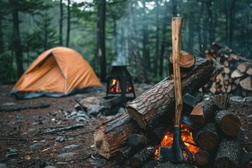 Camping scene featuring an axe resting on burning logs, with a tent and wood burning stove in the background