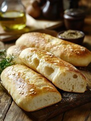 Naklejka premium Freshly baked sourdough loaf showcasing a crusty exterior and fluffy interior on a rustic wooden table