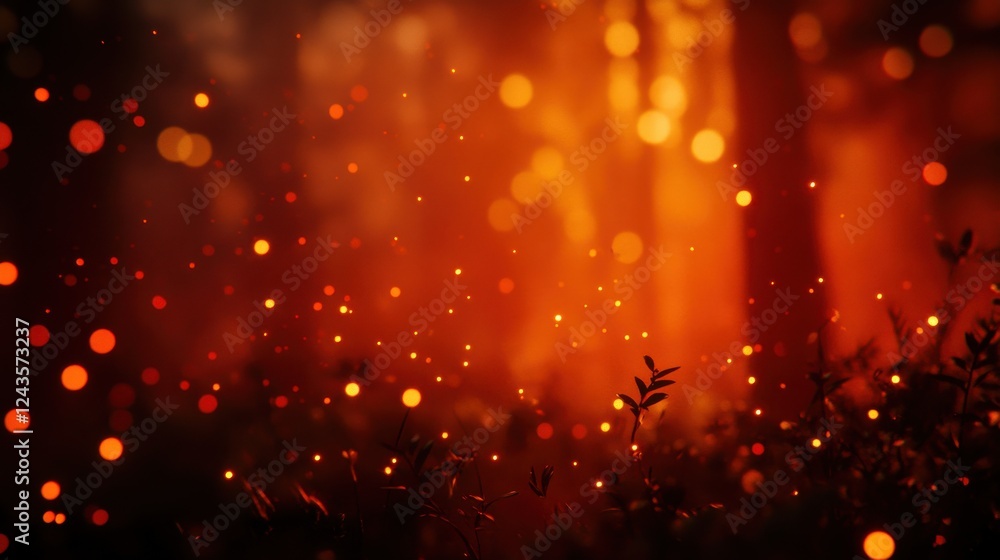 Poster bokeh lights create a warm atmosphere with bold orange and dark red hues in a secluded forest at dus