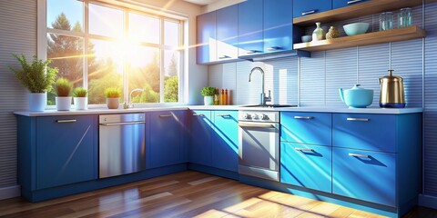 Fototapeta premium Modern Blue Kitchen with Sunlit Window & Voice-Activated Dishwasher