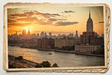 Obraz premium Vintage-inspired banner with a distressed print of a cityscape at sunset, architecture, city, skyline